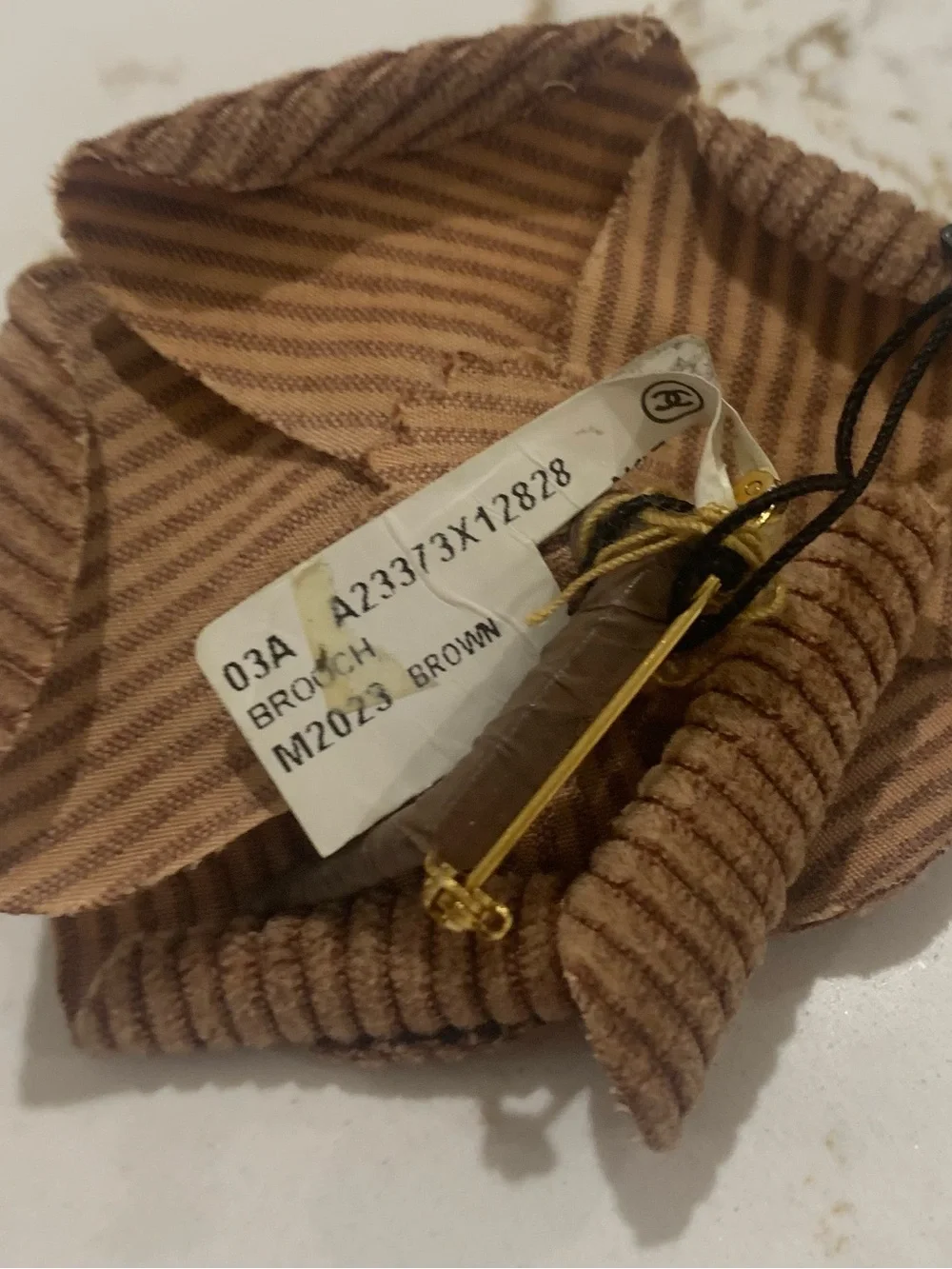 Rare CHANEL Brown Corduroy Camellia BROOCH